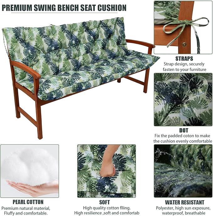 Swing Replacement Seat Cushions, 2-3 Seater Bench Cushions for Outdoor Furnitur with Backrest, Garden Recliner Seat Cushions Waterproof Sofa Pads (Palm Leaves, 40x40in)