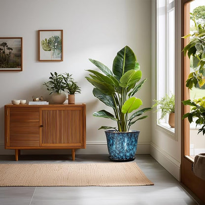 10 Inch Plant Pot - Ceramic Planter with Drainage Hole and Saucer, Round Flower Pots for Indoor Outdoor, Modern Decorative Planter for Plants, Home Office Decor, Plant Lover Gifts, Blue