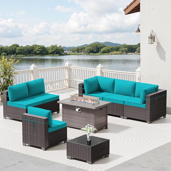 8 Pieces Outdoor Patio Furniture Set with 43" 55000BTU Gas Propane Fire Pit Table, PE Wicker Rattan Outdoor Sectional Patio Set, Outdoor Patio Conversation Set, Blue