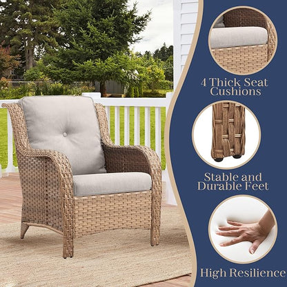 HUMMUH Patio Chairs Wicker Patio Dining Chairs Set of 2 PE Rattan Deep Seating Outdoor Chairs with 4 inch Seat Cushions (Yellow/Beige)