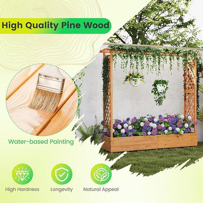 Giantex Set of 2 Raised Garden Bed with Trellis & Hanging Roof, Wood Planter Box with Bottom and Drainage Holes, Freestanding Garden Planter for Flower Vegetable Fruit Herb Climbing Vines, 77"x17"x72"