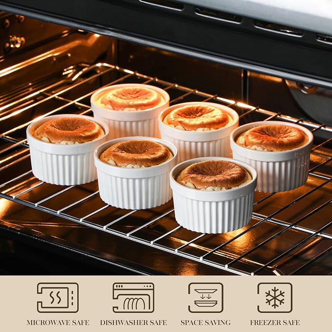 MALACASA Ramekins 8 oz Oven Safe, Porcelain Creme Brulee Ramekins Pudding Custard Cups Ceramic Souffle Dishes Ramakan Ramiken Ramicans Baking Bowls Set of 6, White, Series RAMEKIN-DISH