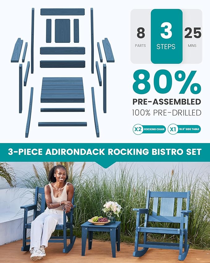 SERWALL Outdoor Rocking Bistro Set, HDPE Patio Furniture Set, Porch Rocking Chair Set with Table for Backyard, Balcony, and Garden- Blue