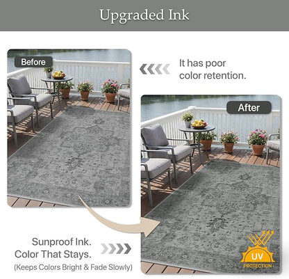 GENIMO Outdoor & Indoor Area Rug 8'x10', Waterproof, Non-Shedding, Easy Cleaning, Boho Mat for Patio, Living Room, Balcony, Dining Room, RV, Deck, Bedroom, Camping, Outside Carpet,Dark Grey
