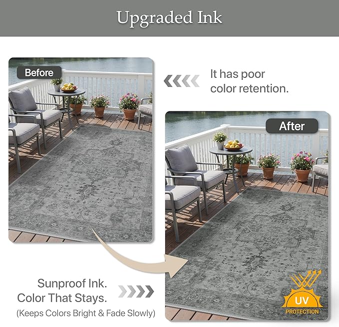 GENIMO Outdoor & Indoor Area Rug 5'x8', Waterproof, Non-Shedding, Easy Cleaning, Boho Mat for Patio, Living Room, Balcony, Dining Room, RV, Deck, Bedroom, Camping, Outside Carpet,Dark Grey