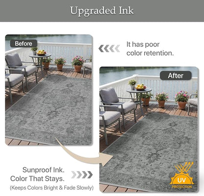 GENIMO Outdoor & Indoor Area Rug 6'x9', Waterproof, Non-Shedding, Easy Cleaning, Boho Mat for Patio, Living Room, Balcony, Dining Room, RV, Deck, Bedroom, Camping, Outside Carpet,Dark Grey