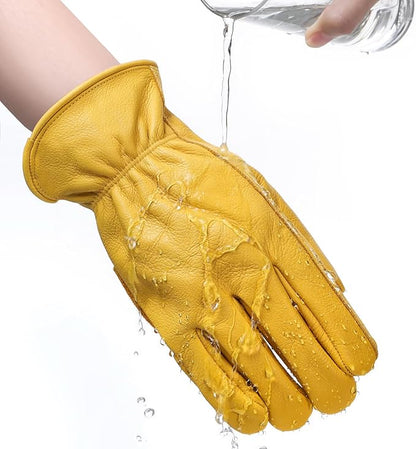 DULFINE Cowhide Leather Work Gloves for Men & Women, Reinforced Durable Gardening Gloves, Puncture & Cut Resistant