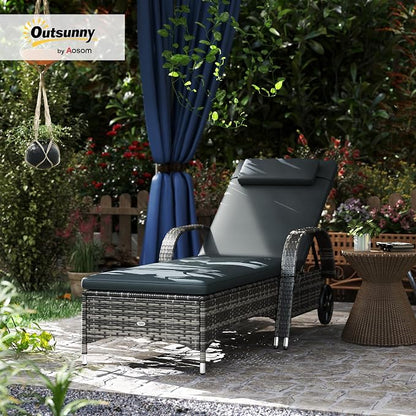 Outsunny Wicker Outdoor Chaise Lounge, 5-Level Adjustable Backrest PE Rattan Pool Lounge Chair with Wheels, Cushion & Headrest, Mixed Gray and Charcoal Black