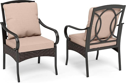 PHI VILLA Patio Chairs Set of 2, Heavy Duty Outdoor Metal Wicker Dining Chair with Thick Cushions, Large All Weather Wrought Iron Deck Chair for Outisde, Porch Backyard, Support 300lbs
