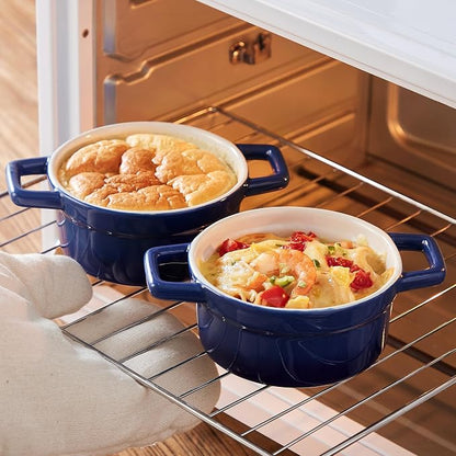 Lareina Mini Cocotte - 12oz Ceramic Casserole Dishes - Kitchen Casserole Sets With Handles And Lid - Small Baking Ramekins - Oven, Microwave & Dishwasher Safe - Set of 4 - Blue | Small casserole ramekins with handles, oven, microwave & dishwasher safe....