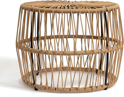 Furniture of America Ysar Boho Rattan Round Coffee Table Outdoor with Metal Frame, All-Weather and Rust Resistant, Handcrafted Coastal Furniture for Patio, Poolside, Garden, Yard, Natural Brown