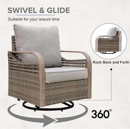 COOS BAY Modern Wicker Outdoor Furniture Set, Patio Conversation Set with Swivel Rockers, 3 Seat Couch, Ottomans, and Coffee Table, 6 Piece, Brown/Gray