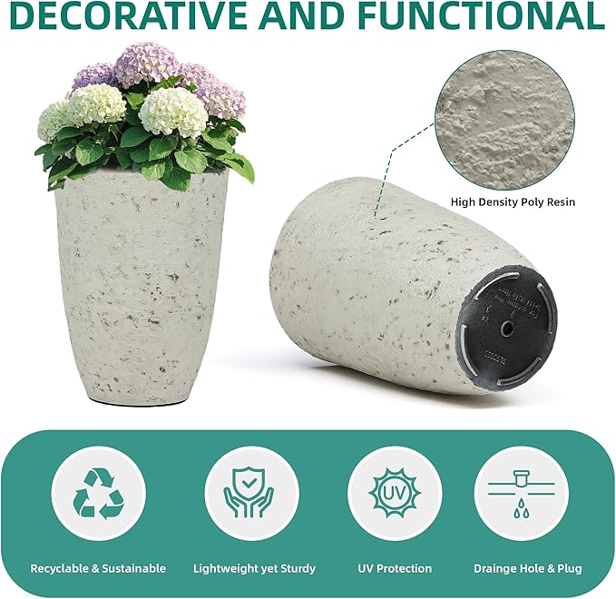 19.5"H Resin Tall Planters for Outdoor Indoor Use, 2-Pack Large Flower Pots, Weather-Resistant Plant Container for Garden Yard Porch or Home Décor, Handcrafted Birch Bark Texture, Country White