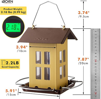 iBorn Bird Feeder House, Metal Bird Feeders for Outdoors Hanging,Double-Sided Metal Hanger & Weatherproof, Easy to Clean & Refill, 2.2 Lbs Capacity, Muted Yellow