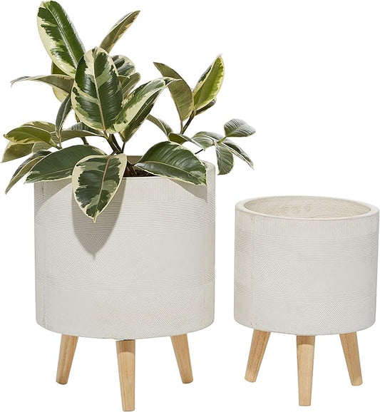 Deco 79 Magnesium Oxide Indoor Outdoor Large Pot with Wood Legs, Set of 2 Planters 16", 13"H, White