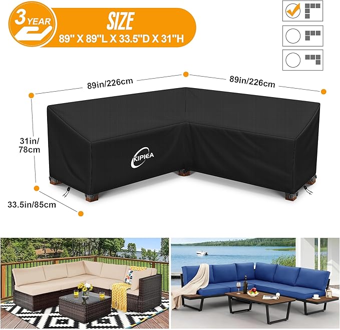 Kipiea Patio V-Shaped Sectional Sofa Cover, 420D Heavy-Duty Oxford Fabric Outdoor Sectional Cover with 6 Windproof Buckles, Anti UV and No Tears, No Fading (89" x 89"L x 33.5"D x 31"H)Black