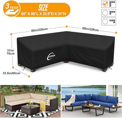 Kipiea Patio V-Shaped Sectional Sofa Cover, 420D Heavy-Duty Oxford Fabric Outdoor Sectional Cover with 6 Windproof Buckles, Anti UV and No Tears, No Fading (89" x 89"L x 33.5"D x 31"H)Black