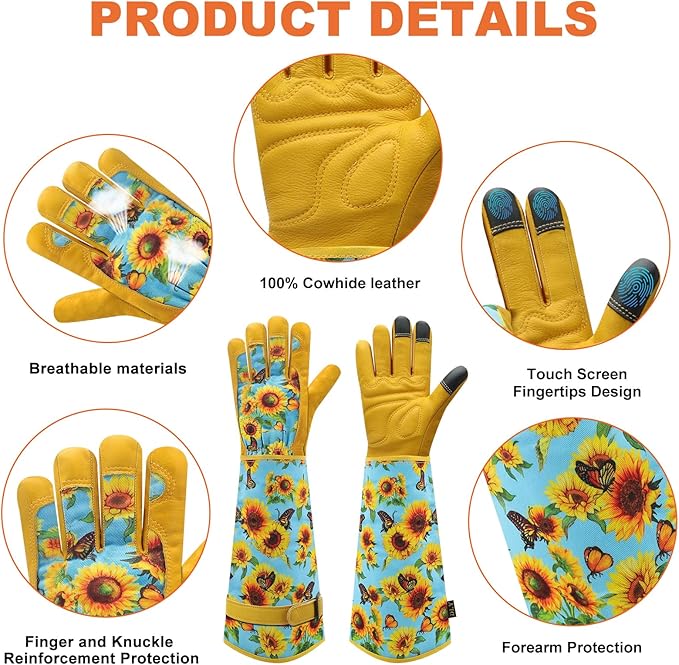 DLY Gardening Gloves for Women, Rose Gloves Gardening Thorn Proof, Long Garden Gloves for Women, Breathable Cowhide Leather Gauntlet (Medium, Blue)