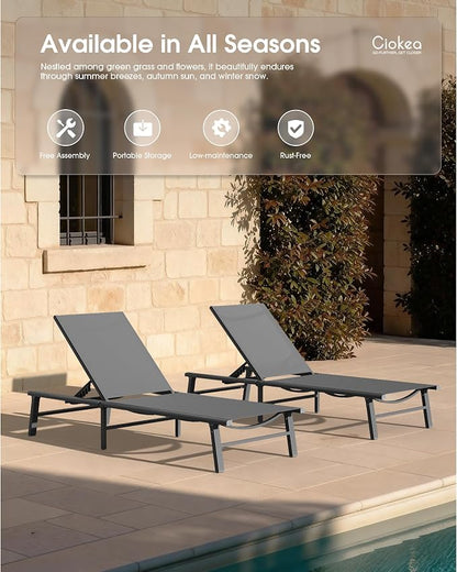 Ciokea Foldable Outdoor Lounge Chair Set of 2, No Assembly Aluminum Chaise Lounge Outdoor with 5 Adjustable Positions, Pool Lounge Chairs with Portable Design for Pool, Deck, Beach, Patio (Grey)