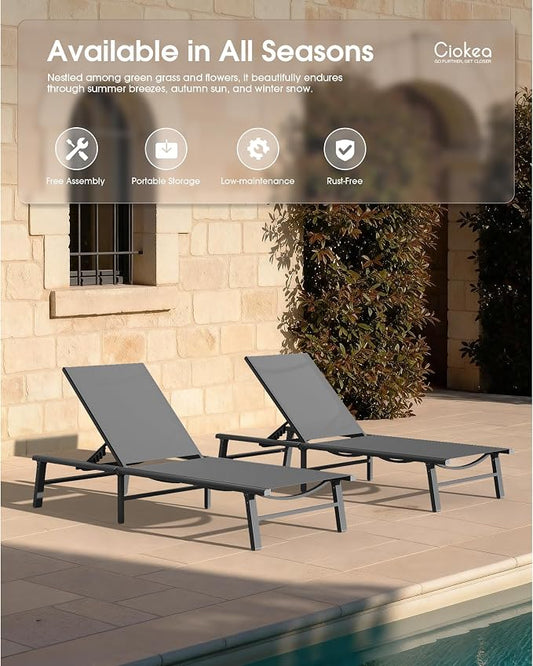 Ciokea Foldable Outdoor Lounge Chair Set of 2, No Assembly Aluminum Chaise Lounge Outdoor with 5 Adjustable Positions, Pool Lounge Chairs with Portable Design for Pool, Deck, Beach, Patio (Grey)