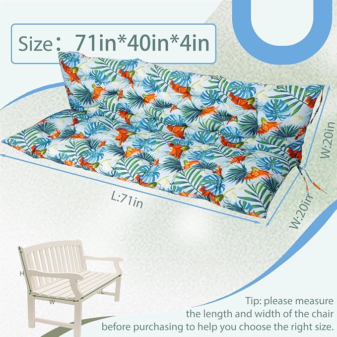 2/3 Seater Swing Replacement Cushion, Waterproof Porch Swing Cushions with Backrest, Thickened Bench Cushions for Outdoor Furniture, for Outdoor Patio Swing (Summer, 71 * 40in)