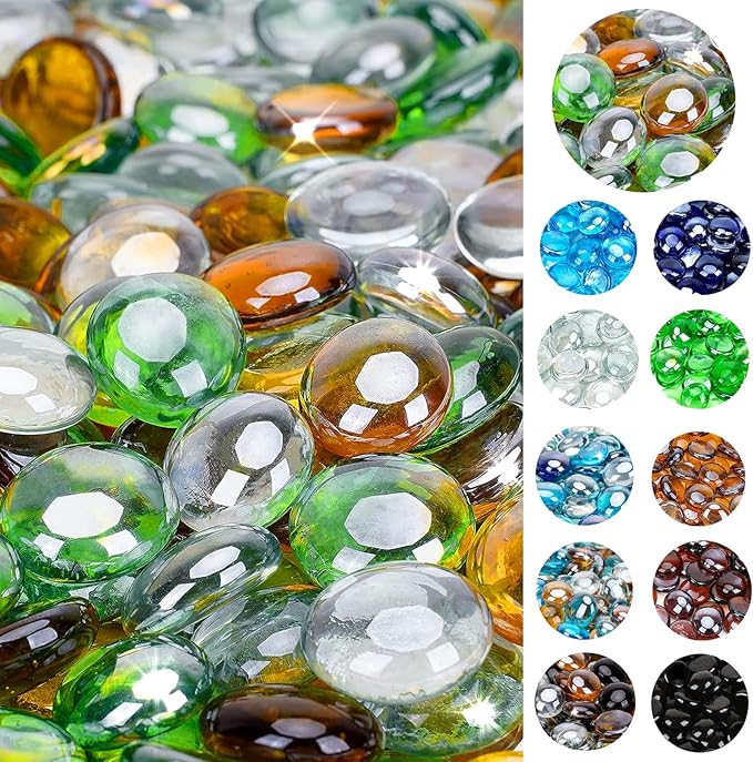 onlyfire 10 Pounds Fire Glass Beads for Propane Fire Pit and Gas Fireplace, 1/2 Inch Round Blended Firepit Glass Rocks Flat Marbles for Fire Pit Table, Emerald Green, Crystal Ice and Caramel Luster