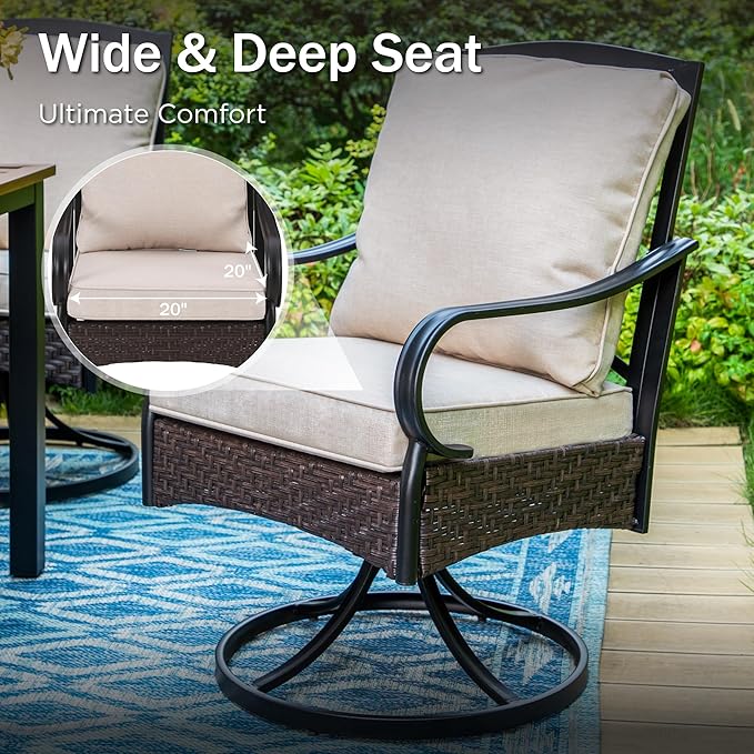 PHI VILLA Patio Swivel Chairs Set of 6, Heavy Duty Outdoor Metal Wicker Dining Chair with Thickened Cushions, Large All Weather Wrought Iron Deck Chair Lawn Furniture Support 300lbs