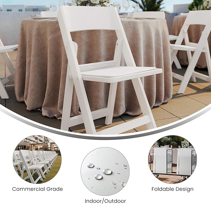 Flash Furniture Hercules Tucker Commercial White Resin Folding Chair - Lightweight, Vinyl Padded Removable Seat, Indoor Outdoor Use, Event & Wedding Ready, Set of 4