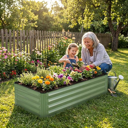 INNO STAGE Galvanized Raised Garden Bed Kits, 4x2x1ft Metal Raised Garden Beds Outdoor, Steel Raised Planter Bed with Gloves for Vegetables & Flowers Patio Ground Planter Box (Olive Green, 1PC)