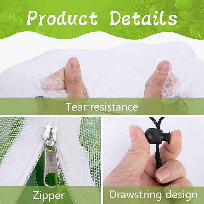 2 Pcs Fruit Tree Netting with Zipper & Drawstring, 4.9 x 3.2 Ft Garden Bird Netting Plant Cover, Blueberry Tomato Insect Bird Barrier Tree Net Protection Cover for Protecting Plants Vegetables Fruits