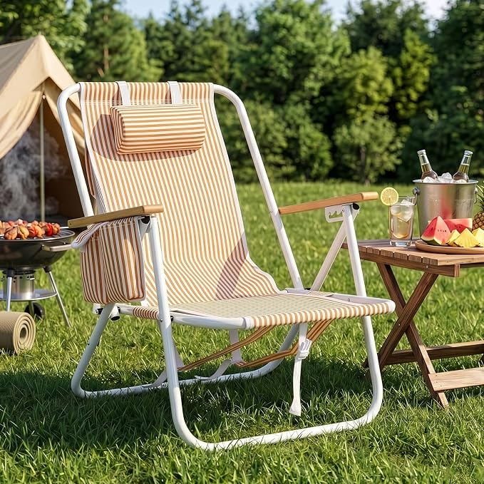Outvita Folding Beach Chair, 4 Position Adjustable Reclining Lounge Chair with Padded Headrest, Large Rear & Side Storage Pockets, Lightweight Portable Outdoor Chair for Beach Pool Garden BBQ