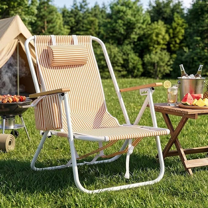 Outvita Folding Beach Chair, 4 Position Adjustable Reclining Lounge Chair with Padded Headrest, Large Rear & Side Storage Pockets, Lightweight Portable Outdoor Chair for Beach Pool Garden BBQ