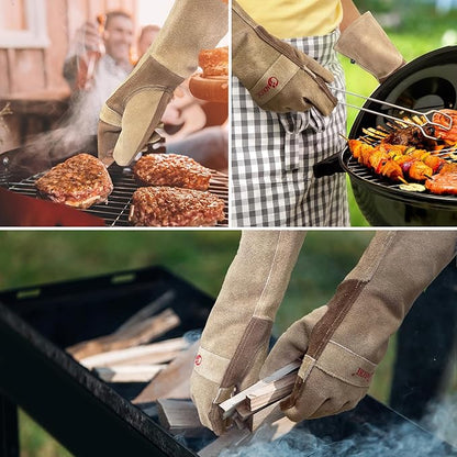 Leather Welding Gloves for Men and Women, BBQ Gloves Fireproof and Heat Resistant Mitts for Cooking, Firefighting, Fireplace, Oven, Baking, Stove, Pot Holder, Yark Work Thorn Proof