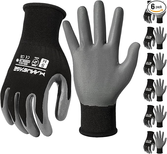 Safety Work Gloves Nitrile For Men and Women, with Touchscreen Fingers, Men's Work Gloves with Grip, Mechanics Gloves (Size M, Black, 6-pairs)
