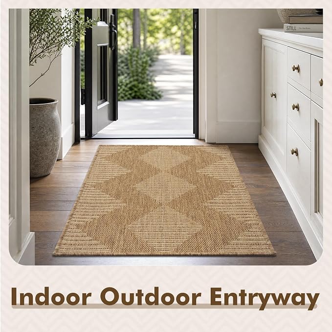 MontVoo-2x3 Outdoor Rug Porch Entryway Rug-Polypropylene Door Mat Indoor Outdoor Entrance Entry Rugs Kitchen Rugs, Textured Weave, Durable, Fade-Resistant, Non-Shedding, Boho Geometric Neutral Brown