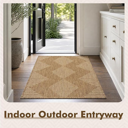 MontVoo-2x3 Outdoor Rug Porch Entryway Rug-Polypropylene Door Mat Indoor Outdoor Entrance Entry Rugs Kitchen Rugs, Textured Weave, Durable, Fade-Resistant, Non-Shedding, Boho Geometric Neutral Brown