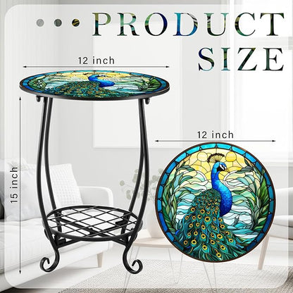 Cinnvoice Outdoor Side Table Round Small Mosaic Patio Accent Indoor End Plant Coffee Tea Table for Yard Patio Porch Garden Living Room, Bedroom(Peacock Style,12 Inch)