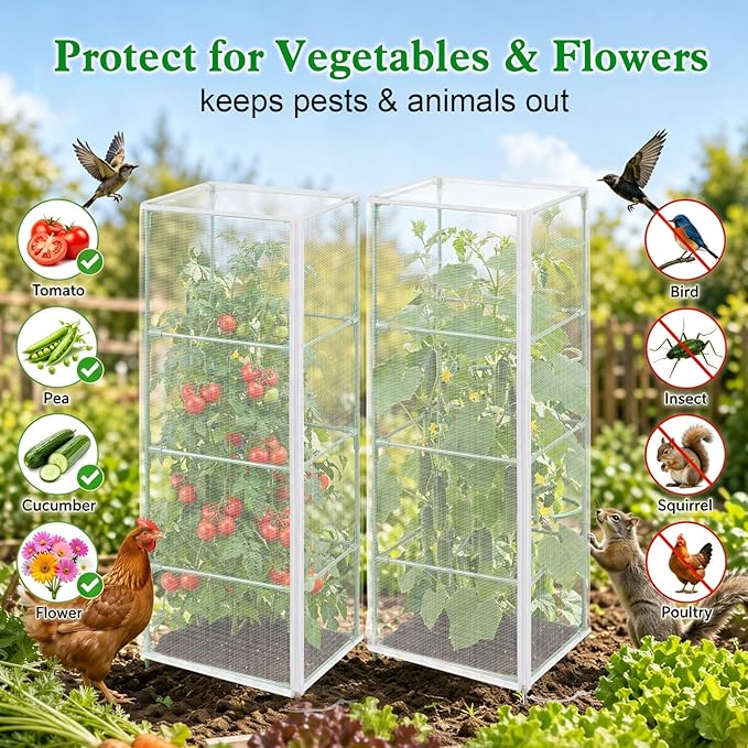 3 Pcs Tomato Netting for Garden Protection, 57" X 17.7" X 17.7" Square Tomato Cage Insect Barrier Plant Netting Mesh Cover with Zipper & Drawstring, for Vertical Climbing Plants Vegetables Fruits