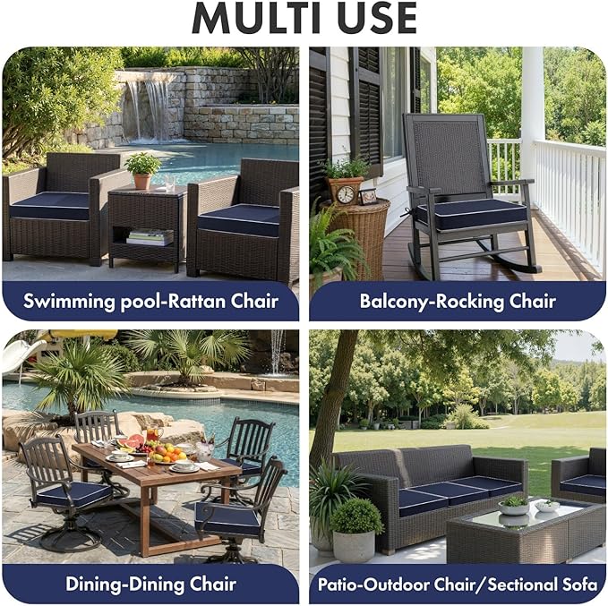 MIULEE Navy Outdoor Chair Cushions Set of 2, 22x22x3 Inch Waterproof Patio Seat Cushions for Outdoor Furniture Couch Sofa, 3 Year Color Fastness High Density Foam with Adjustable Ties