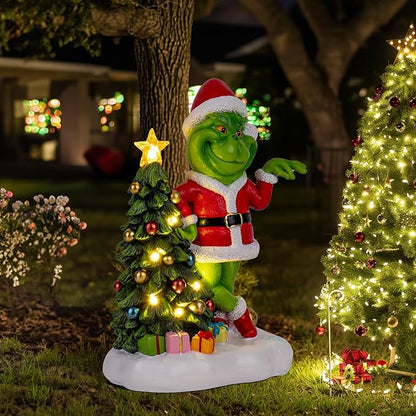 Green Monster Solar Garden Statue with Christmas Tree and 6 LED Lights - Outdoor Figurine - Glossy Resin - Waterproof - Spot Clean - Christmas Decor