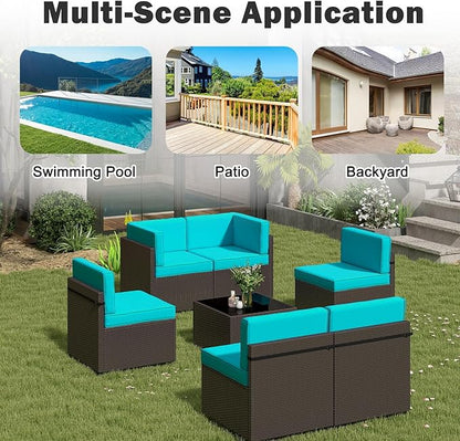 Kinsuite 7Pcs Patio Conversation Set - Wicker Backyard Furniture Outdoor Furniture with Cushions, All-Weather Couch Set with Coffee Table for Garden, Lawn, Deck, Turquoise