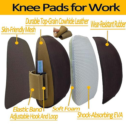 Work Knee Pads Made of Genuine leather and Durable Rubber Thick EVA Foam Cushion| Suitable for Mechanical Repairs and Yard Work |With Adjustable Straps Brown