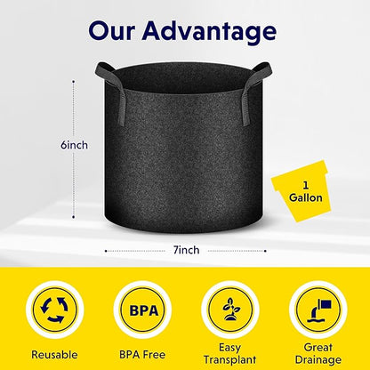 iPower 5-Pack 1 Gallon Plant Grow Bags Thickened Nonwoven Aeration Fabric Pots Heavy Duty Durable Container, Strap Handles for Garden, Black