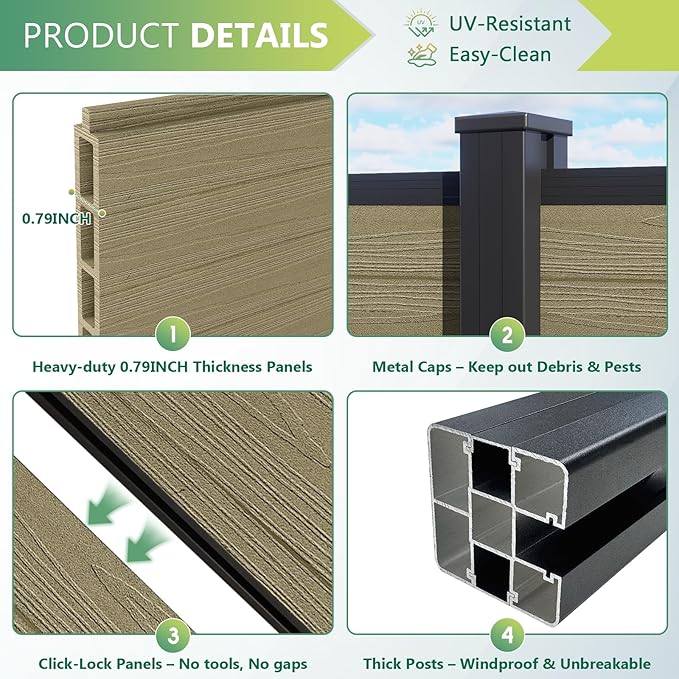 Mondaria Fence Privacy Screen with 8ft In-ground Posts, 6ft(H) x12ft(W) Wood Plastic Composite Fence Panels Weather-Resistant Outdoor Fence for Backyard/Garden (Ancient Wood, 3 Posts)