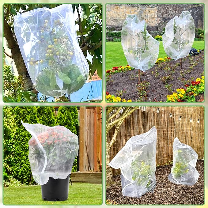 Fruit Tree Netting, Plant Mesh Netting for Garden Protection, Blueberry Bush Insect Netting Cover as Garden Pest Barrier from Cicadas, Bug, Bird (3.3x4.9 FT, 4Pcs, with Drawstring Design)