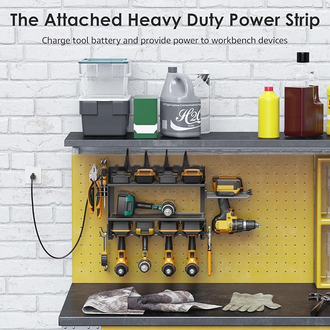 CCCEI Modular Power Tool Organizer Wall Mount Charging Station, Black 6 Drills Holder with 8 Plug Power Strip 10FT, Garage Drill Battery Heavy Duty Metal Shelf, Utility Rack with Hooks, Side Storage.
