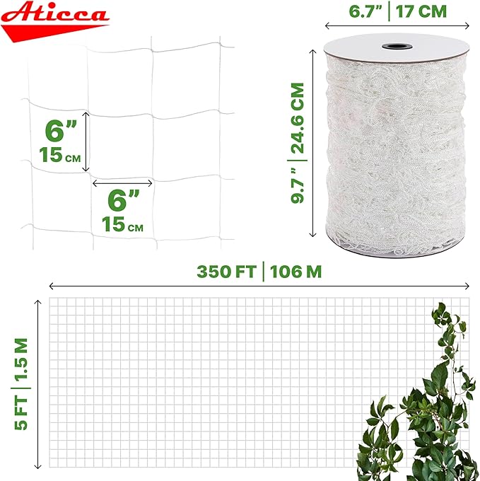 ATICCA Trellis Netting 5 x 350 ft Heavy Duty Polyester Plant Support Netting White - 6 Inch Garden Rope Trellis on Roll - Mesh Twine for Growing Vine Climbing Plants, Flowers, Peas, and Tomatoes