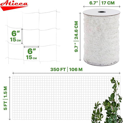 ATICCA Trellis Netting 5 x 350 ft Heavy Duty Polyester Plant Support Netting White - 6 Inch Garden Rope Trellis on Roll - Mesh Twine for Growing Vine Climbing Plants, Flowers, Peas, and Tomatoes