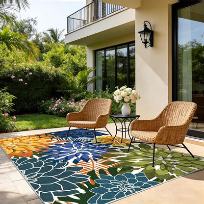 ZonLi Colorful Outdoor Rug 5x8Ft Waterproof Multicolored Indoor Area Rug Washable Outdoor Patio Rugs Tropical Floral Non Slip Outdoor Carpet for Living Room, Pool,Backyard,Deck,Camping