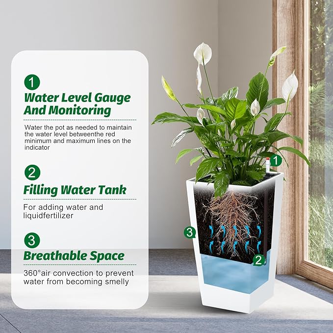 GarveeLife 16 in Tall Planters Set of 2, Outdoor＆Indoor Black Planter Pots, High Front Porch Planter Pots with Drainage Holes＆Water Level Monitor＆Inner Bucket, Automatic Watering,White